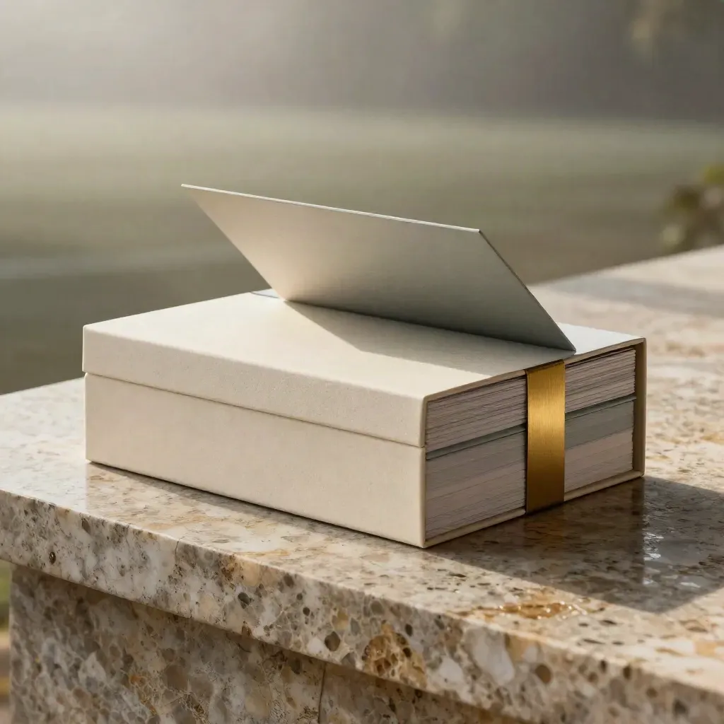 Box archivio crema con dossier, fascetta oro e plinto in travertino, luce mattutina dopo la pioggia.