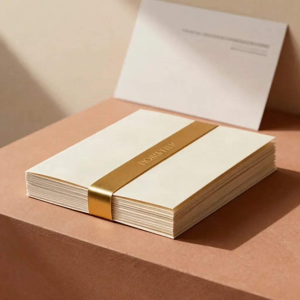 Pacchetto abbonamento mensile pro in carta crema con fascia oro su base in terracotta.