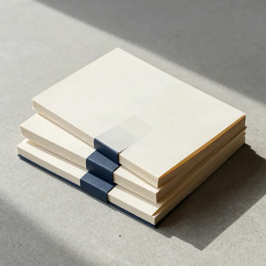 Tre booklet rapidi con fascetta blu navy e card pieghevole su lastra di cemento chiaro.
