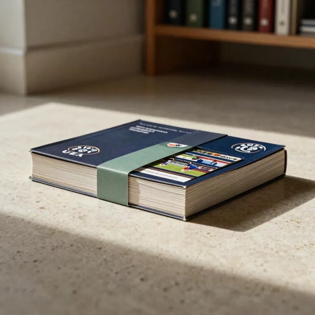 Bundle guida UEFA su base di pietra chiara con divisore verde e schede archivio sfocate