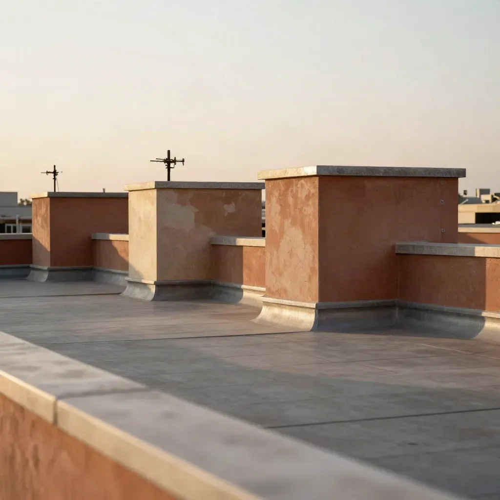 Terrazza urbana con parapetto, antenne e cielo chiaro dorato